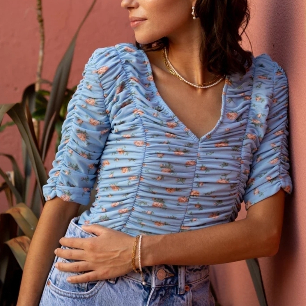 NWT Zara Rouched V Neck Top Blue With Rosettes Size Small